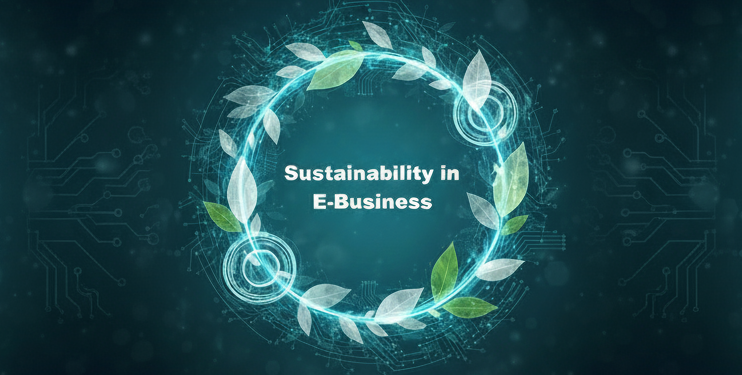 Digital leaves forming a circular frame around the text "Sustainability in E-Business" on a dark background.
